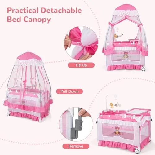 HONEY JOY 4-in-1 Pack and Play with Canopy | Foldable Baby Playard for Newborn & Toddler thumbnail 8
