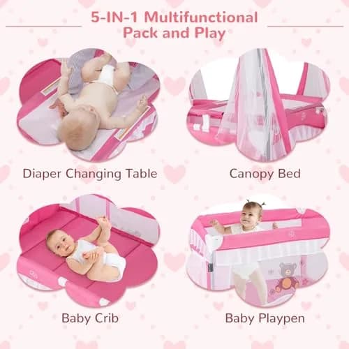 HONEY JOY 4-in-1 Pack and Play with Canopy | Foldable Baby Playard for Newborn & Toddler thumbnail 4