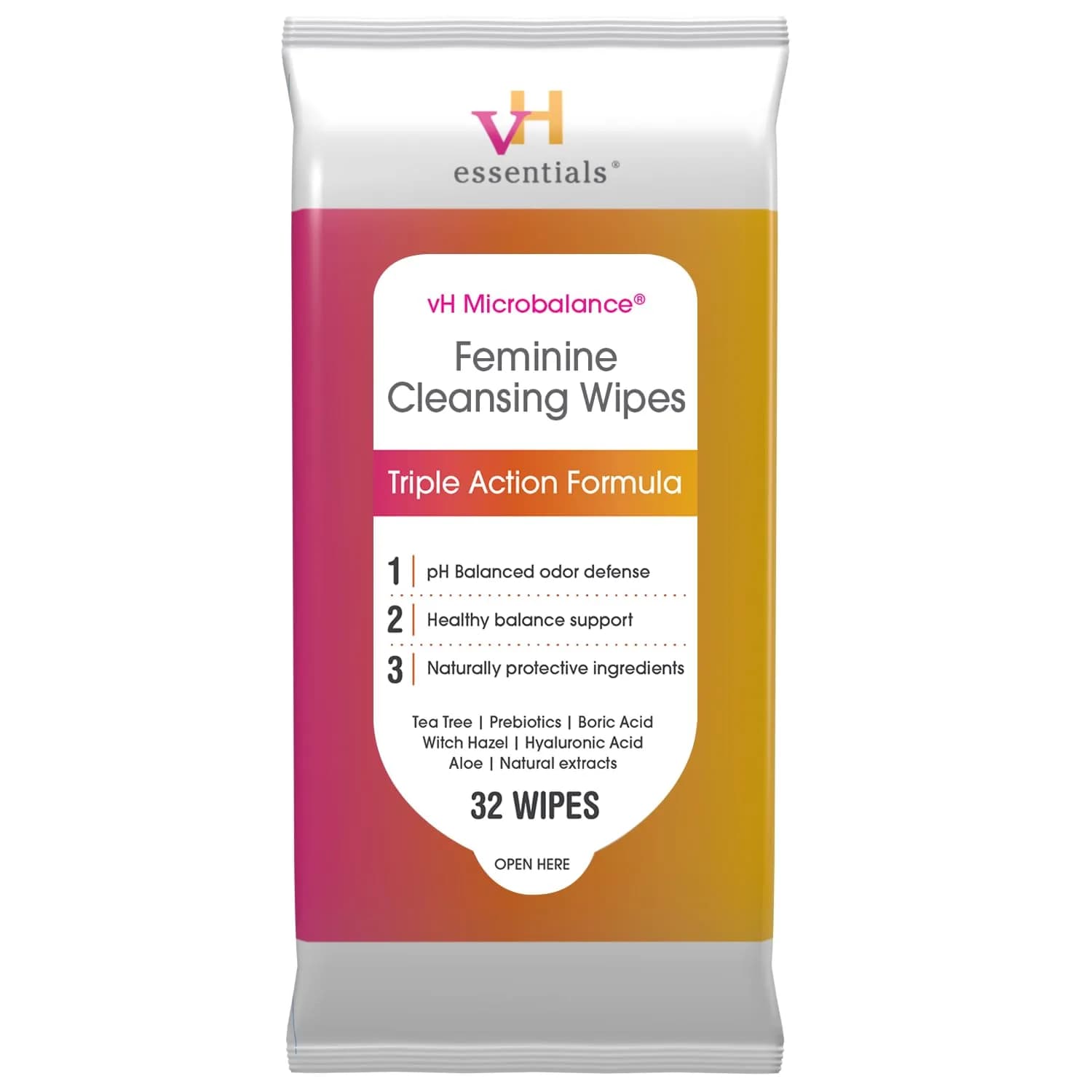 vH Essentials Feminine Cleansing Wipes, pH Balanced, 32 Wipes | Odor-Blocking, Soothing Aloe & Tea Tree — White