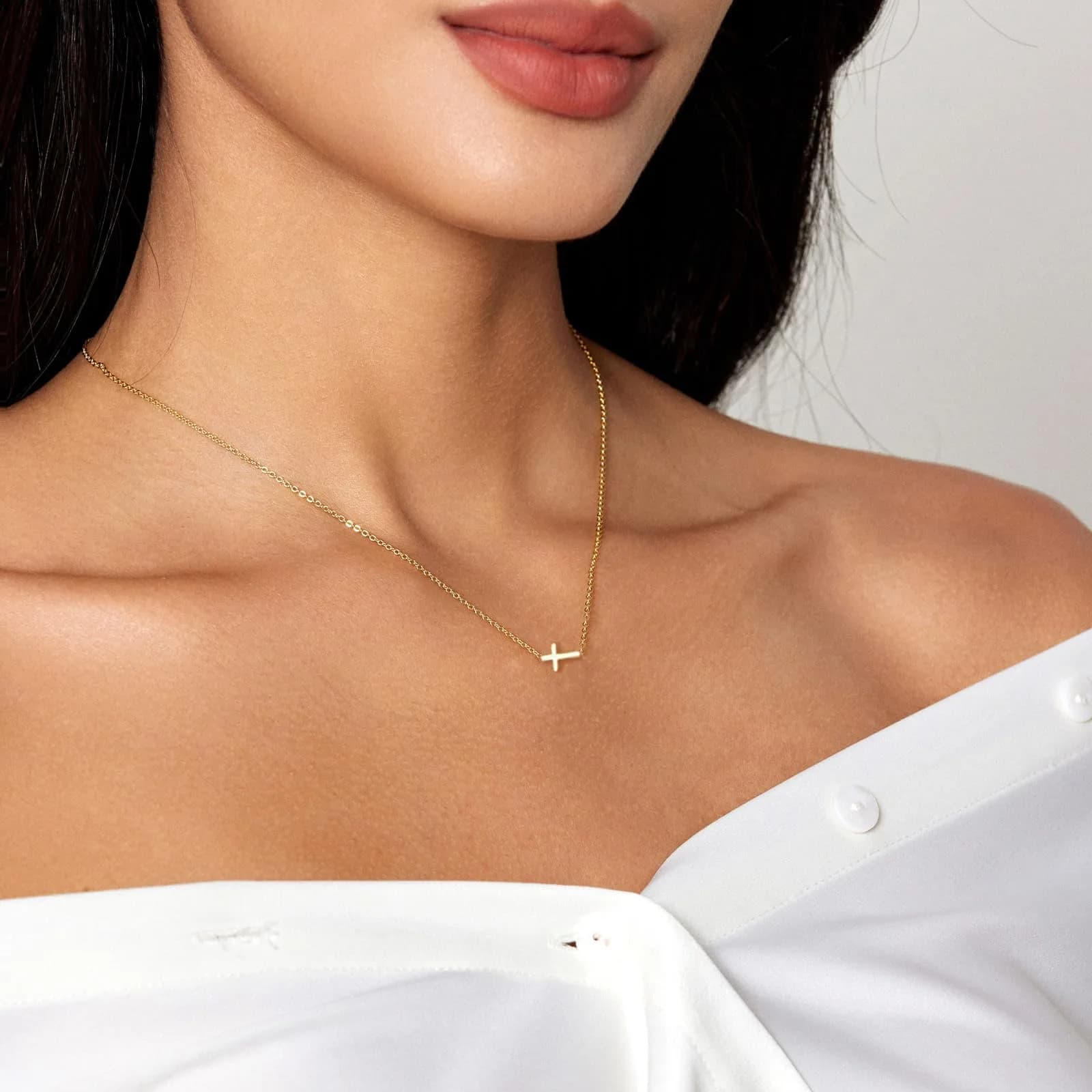 HERIER Sideways Cross Necklace for Women 14K Gold Plated 16.5" (41.9 cm) | Dainty Cute Cross Pendant Necklace - view 5