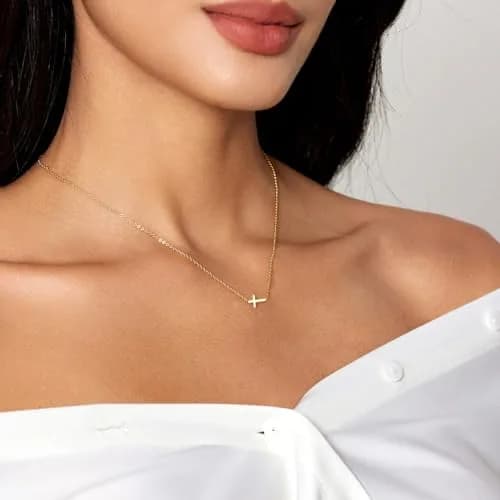 HERIER Sideways Cross Necklace for Women 14K Gold Plated 16.5" (41.9 cm) | Dainty Cute Cross Pendant Necklace thumbnail 5