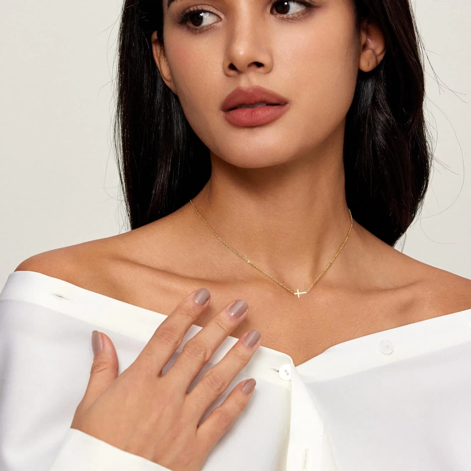HERIER Sideways Cross Necklace for Women 14K Gold Plated 16.5" (41.9 cm) | Dainty Cute Cross Pendant Necklace - view 2