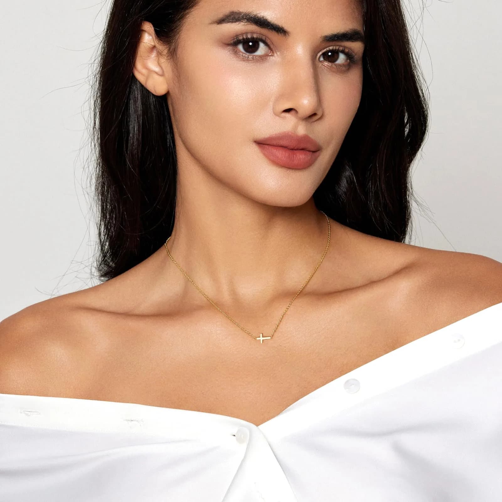 HERIER Sideways Cross Necklace for Women 14K Gold Plated 16.5" (41.9 cm) | Dainty Cute Cross Pendant Necklace - view 3