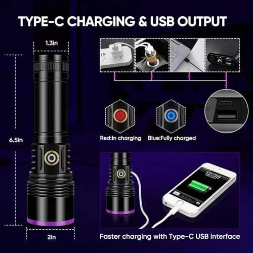 LUXNOVAQ 30W UV Flashlight USB Rechargeable 191g (6.7oz) | High-Intensity 365nm Blacklight thumbnail 4