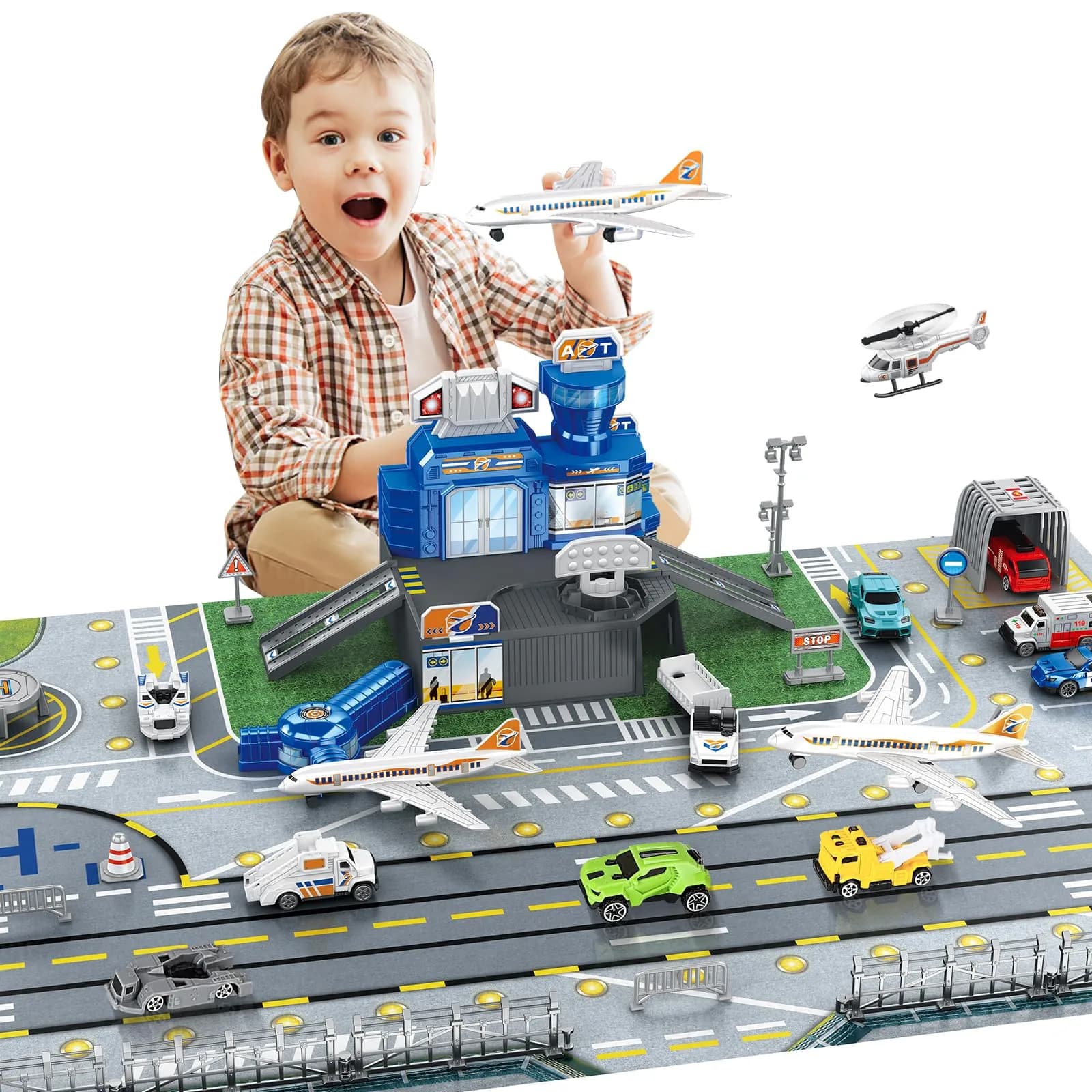 deAO Airplane Toys Set with Trucks, Helicopter, Signs, Fire Trucks, Race Cars & Airport Playmat | ASTM-Tested, Non-Toxic Toy Vehicle Set (10 Pieces) - main product image