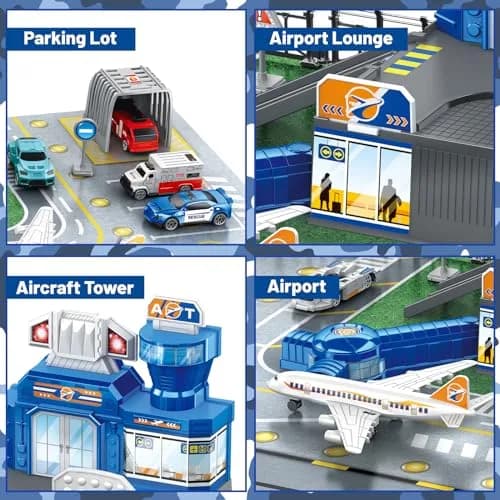 deAO Airplane Toys Set with Trucks, Helicopter, Signs, Fire Trucks, Race Cars & Airport Playmat | ASTM-Tested, Non-Toxic Toy Vehicle Set (10 Pieces) thumbnail 4