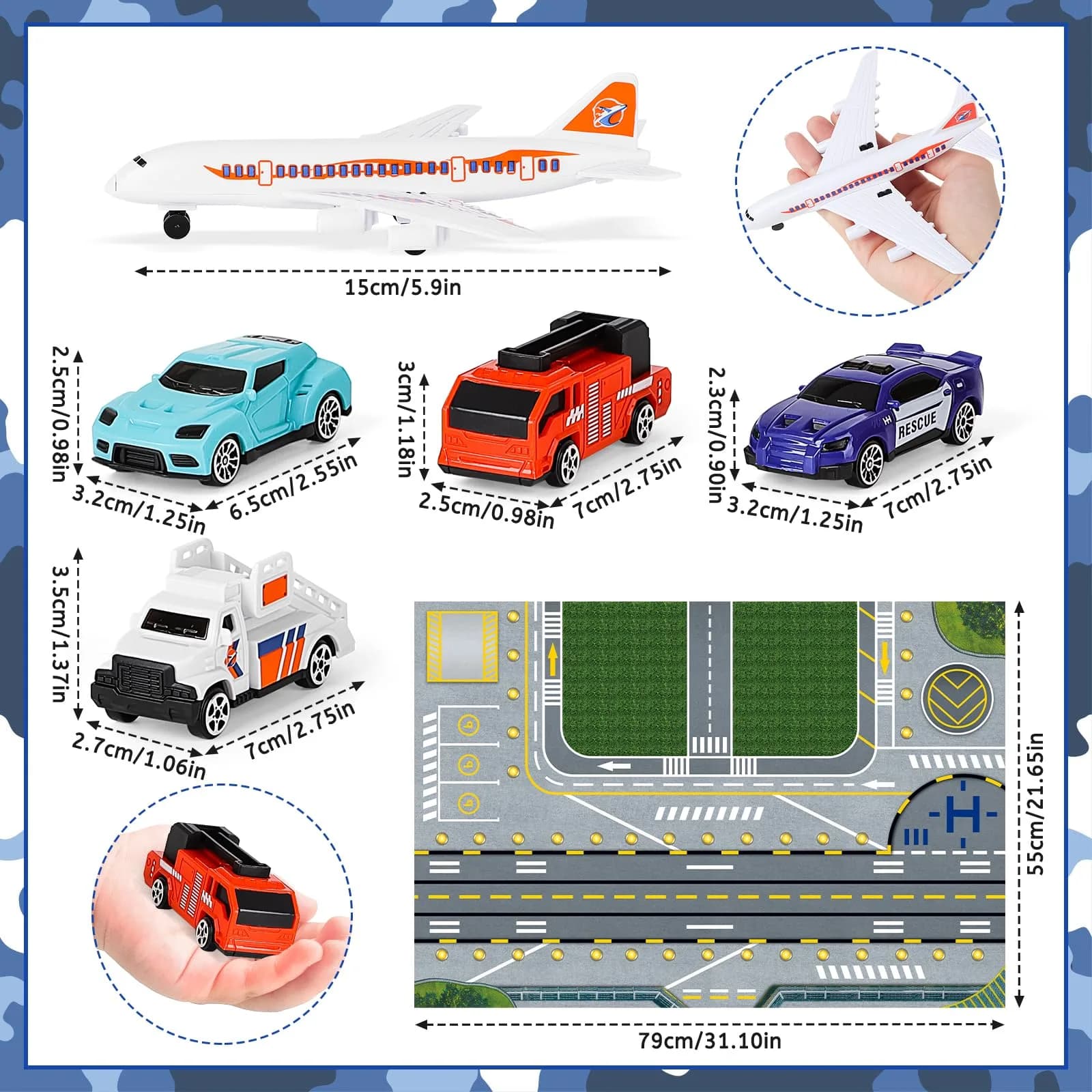 deAO Airplane Toys Set with Trucks, Helicopter, Signs, Fire Trucks, Race Cars & Airport Playmat | ASTM-Tested, Non-Toxic Toy Vehicle Set (10 Pieces) - view 6