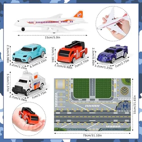 deAO Airplane Toys Set with Trucks, Helicopter, Signs, Fire Trucks, Race Cars & Airport Playmat | ASTM-Tested, Non-Toxic Toy Vehicle Set (10 Pieces) thumbnail 6