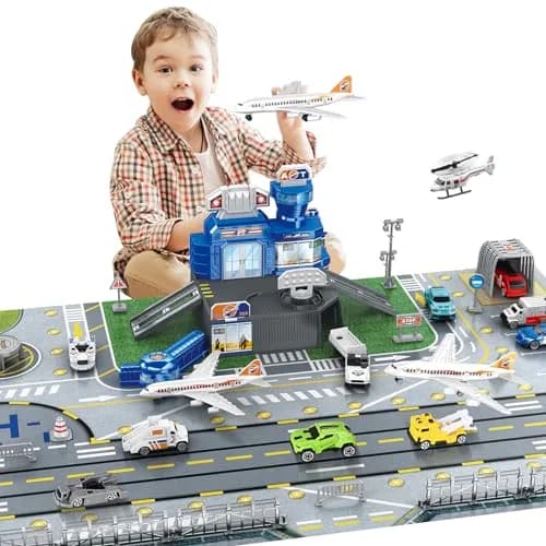 deAO Airplane Toys Set with Trucks, Helicopter, Signs, Fire Trucks, Race Cars & Airport Playmat | ASTM-Tested, Non-Toxic Toy Vehicle Set (10 Pieces) thumbnail 1
