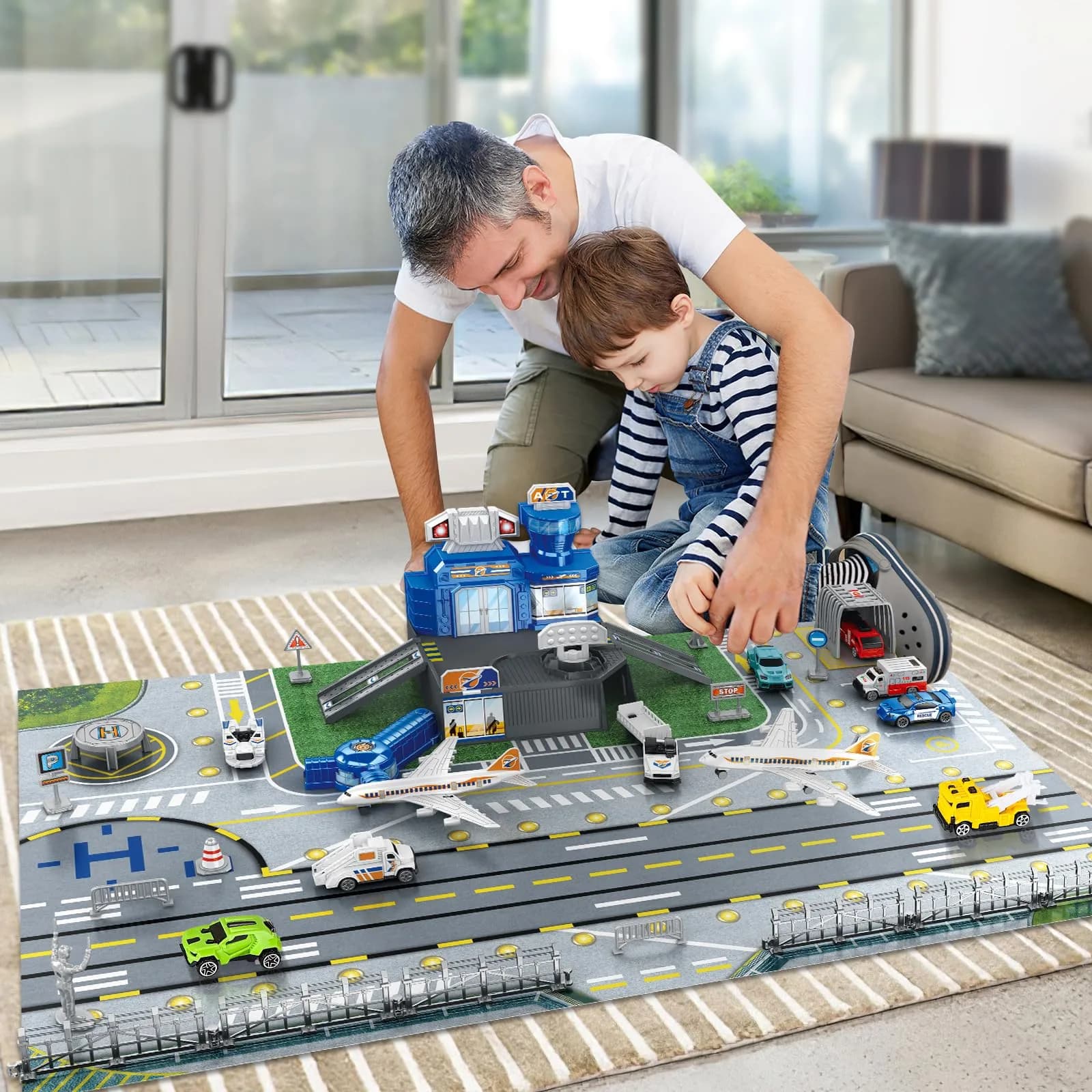 deAO Airplane Toys Set with Trucks, Helicopter, Signs, Fire Trucks, Race Cars & Airport Playmat | ASTM-Tested, Non-Toxic Toy Vehicle Set (10 Pieces) - view 2