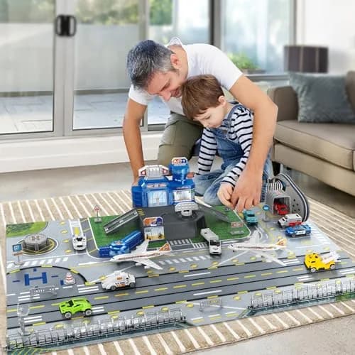 deAO Airplane Toys Set with Trucks, Helicopter, Signs, Fire Trucks, Race Cars & Airport Playmat | ASTM-Tested, Non-Toxic Toy Vehicle Set (10 Pieces) thumbnail 2