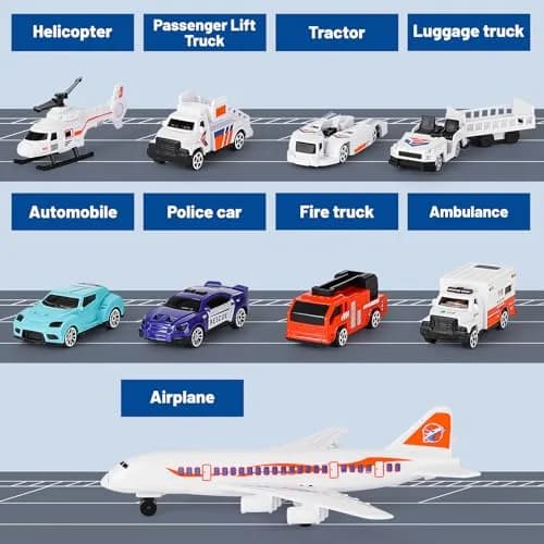 deAO Airplane Toys Set with Trucks, Helicopter, Signs, Fire Trucks, Race Cars & Airport Playmat | ASTM-Tested, Non-Toxic Toy Vehicle Set (10 Pieces) thumbnail 3
