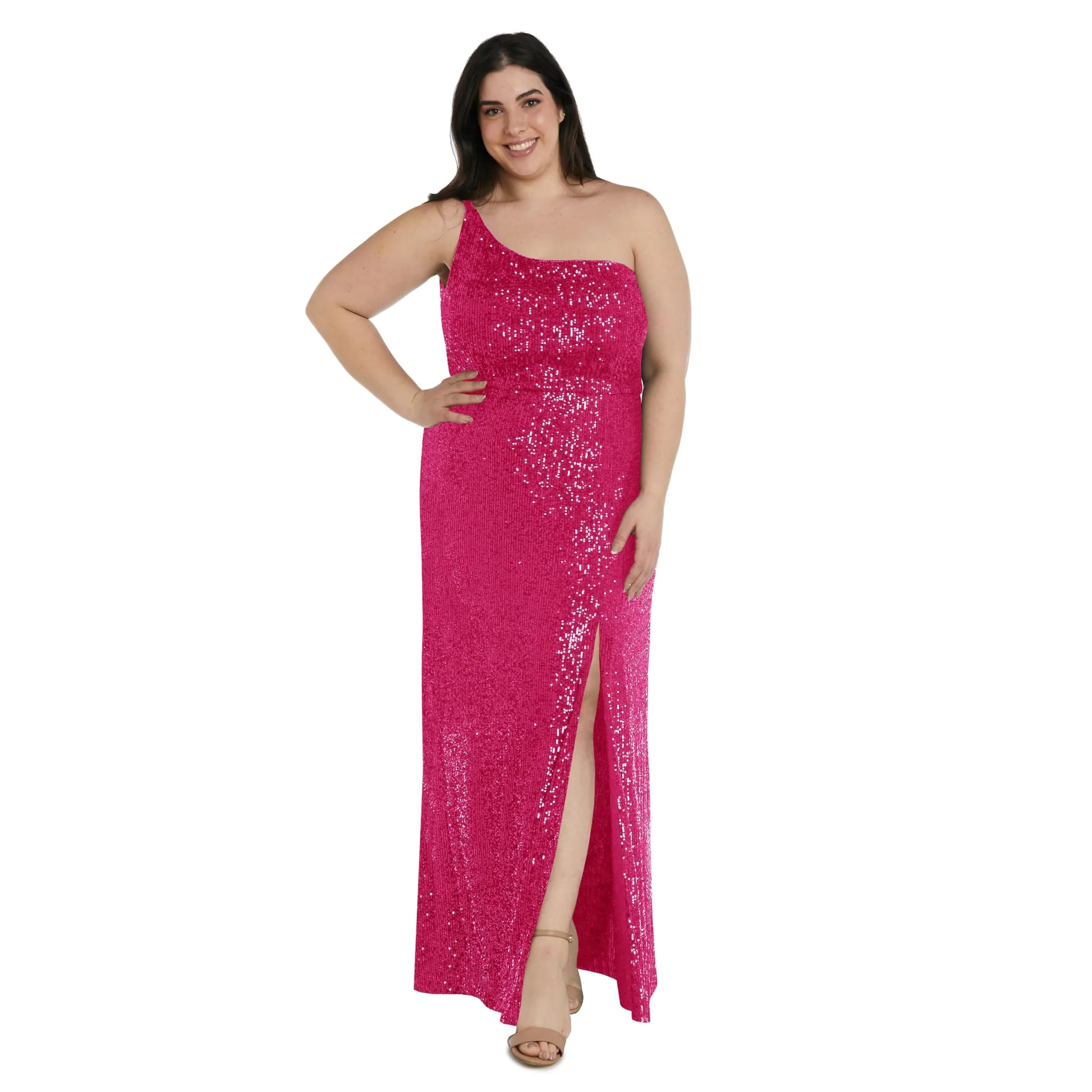 Nightway Long One Shoulder Sequin Dress | Plus Size Formal Gown 18 Plus | Pink