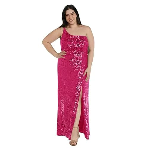 Nightway Long One Shoulder Sequin Dress | Plus Size Formal Gown 18 Plus | Pink thumbnail 1
