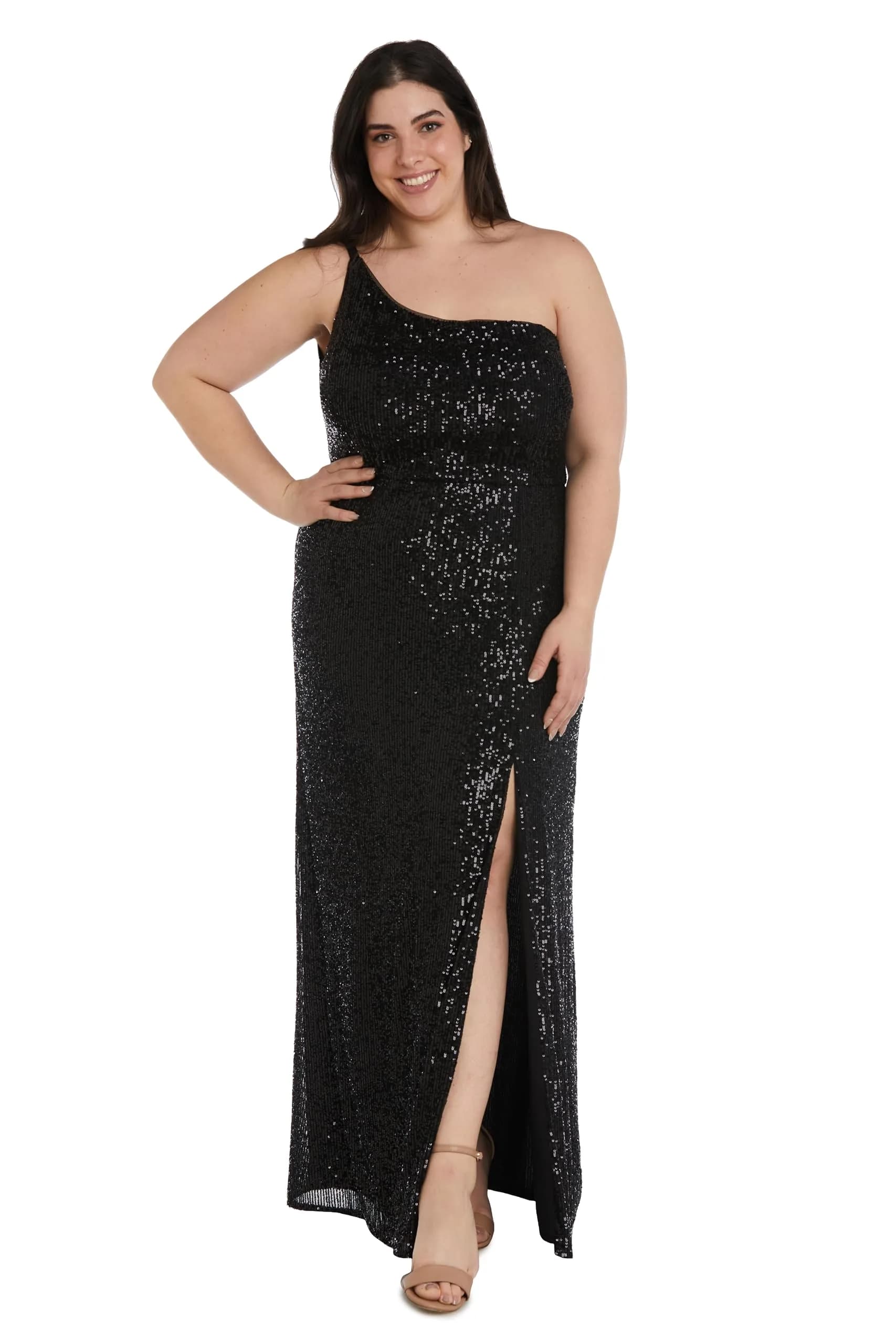 Nightway Long One Shoulder Sequin Dress | Plus Size Formal Gown 18 Plus | Pink — Black / 22 Plus