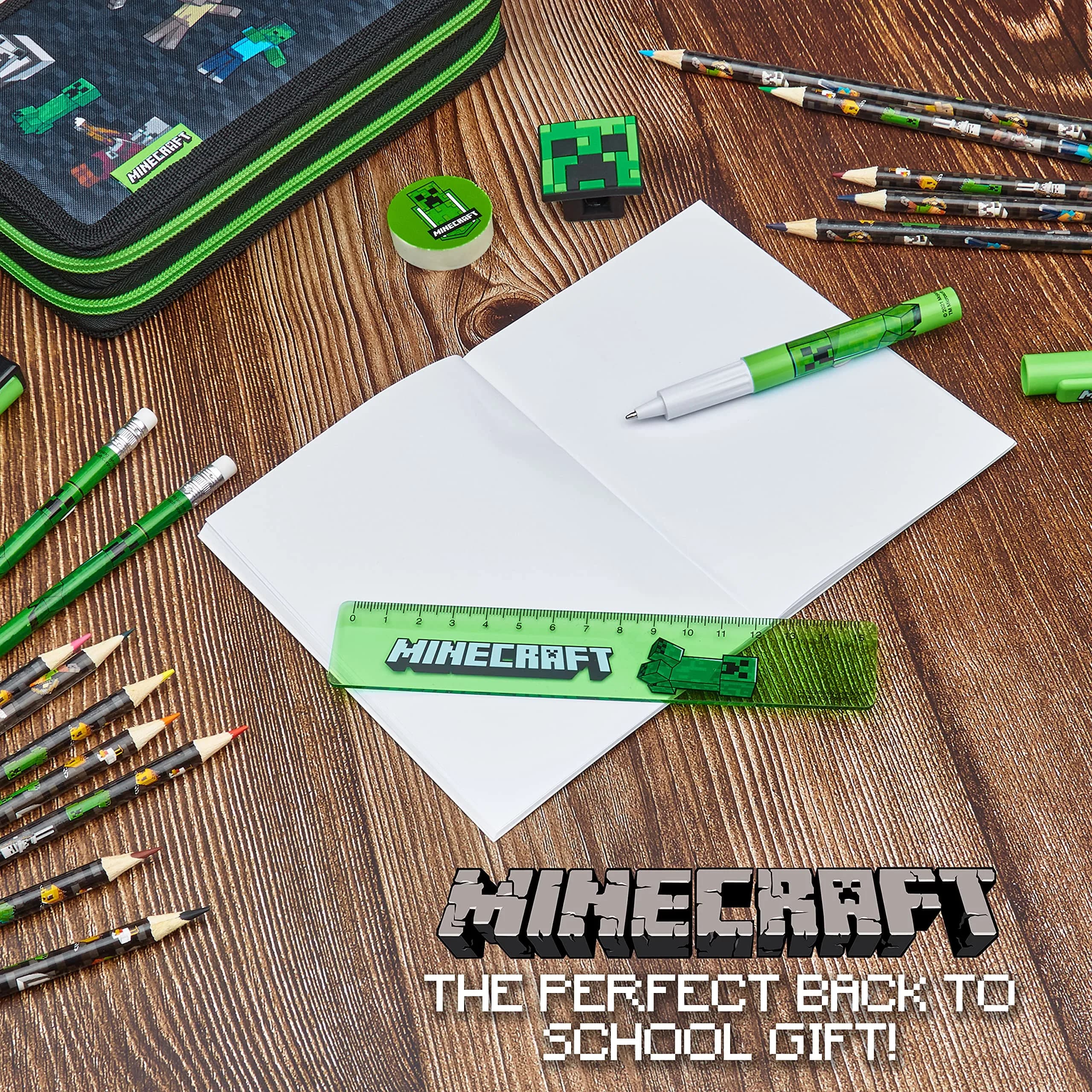 Minecraft Kids Pencil Case Stationery Set with Notebook, Colored Pencils, Pens, Ruler, Eraser & Sharpener | Black Aop - view 4