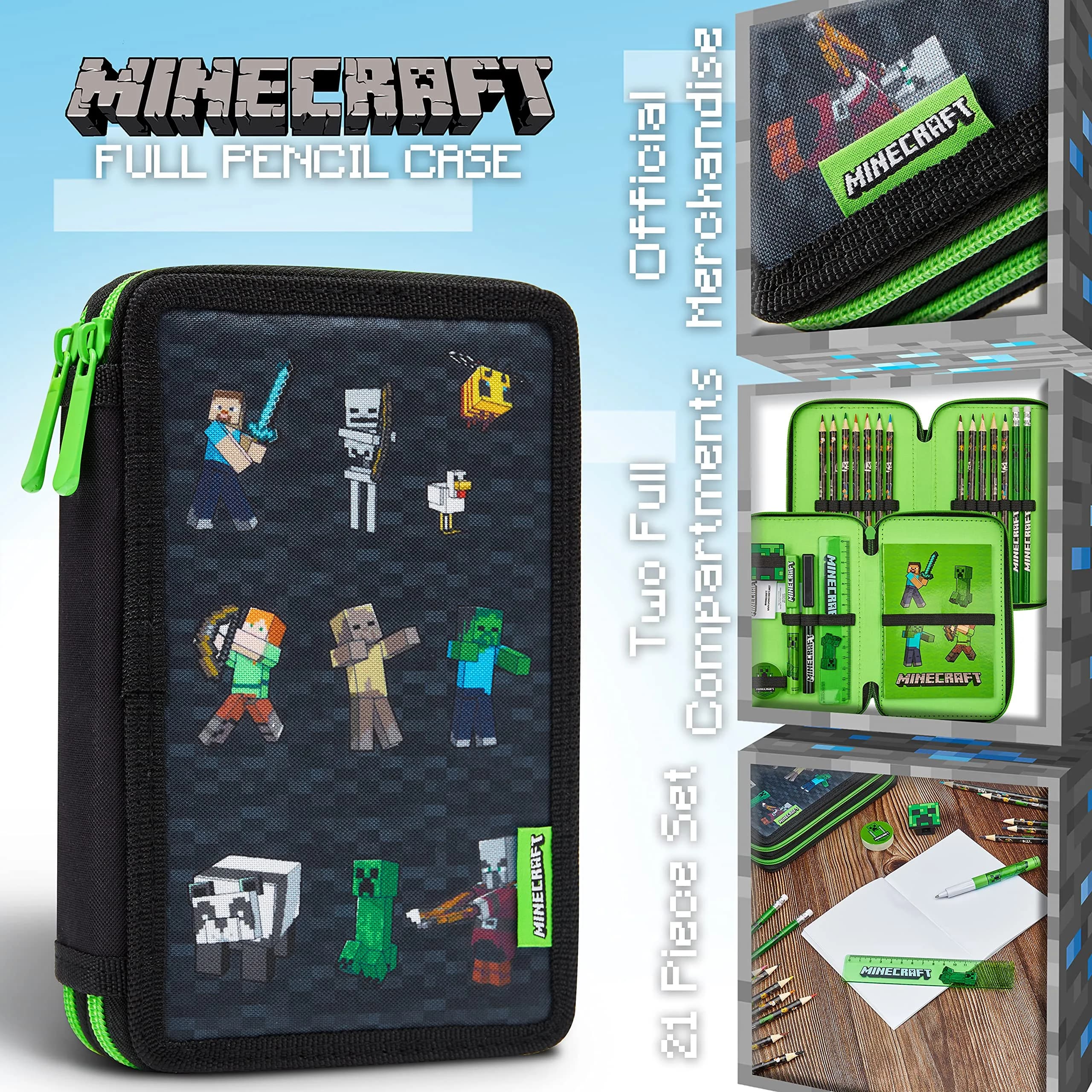 Minecraft Kids Pencil Case Stationery Set with Notebook, Colored Pencils, Pens, Ruler, Eraser & Sharpener | Black Aop - view 3