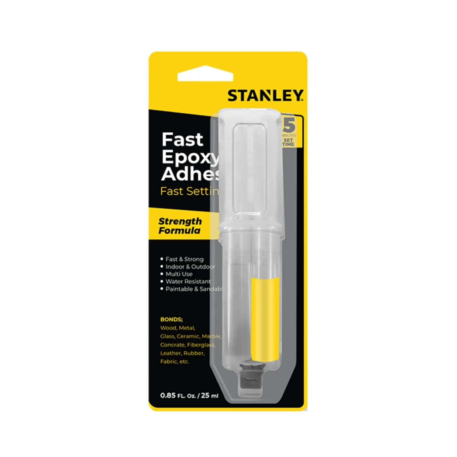 STANLEY Fast-Setting Epoxy Glue 0.85 oz | 5-Minute Cure for Wood, Glass, Metal — Pale Yellow