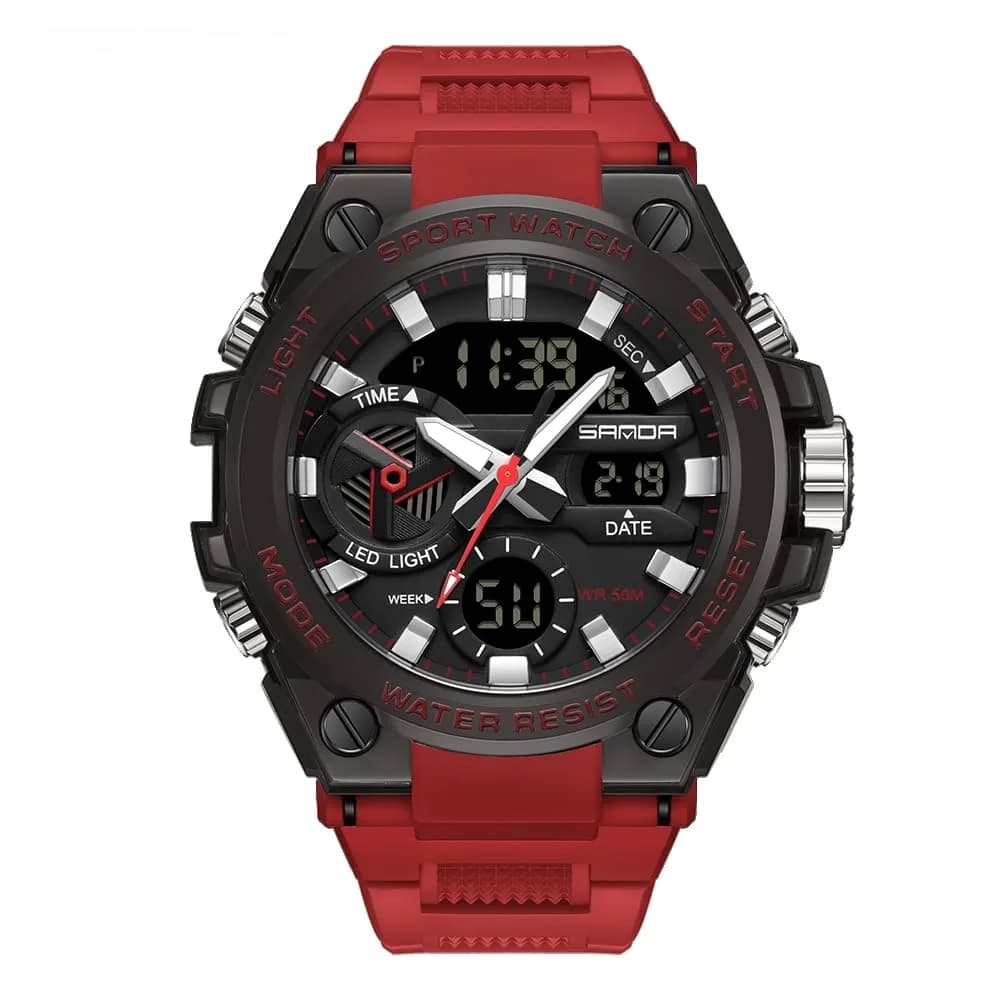 AIMES Men's Sport Watch 3311-Red | 53mm Dual Time Zone Military Watch with LED Alarm & Stopwatch - main product image
