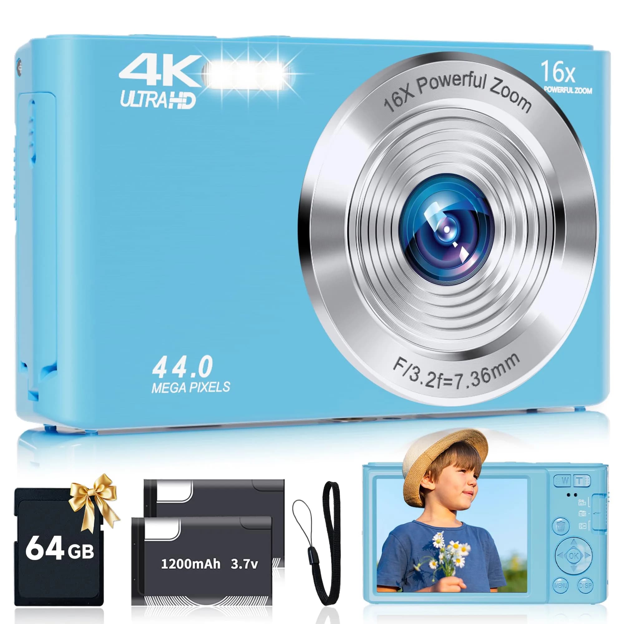 SMARTKLIK Digital Camera for Teens, FHD 4K 44MP with 64GB SD Card, 16X Digital Zoom, Compact Point Shoot Camera Blue | 44MP CMOS Sensor — Blue