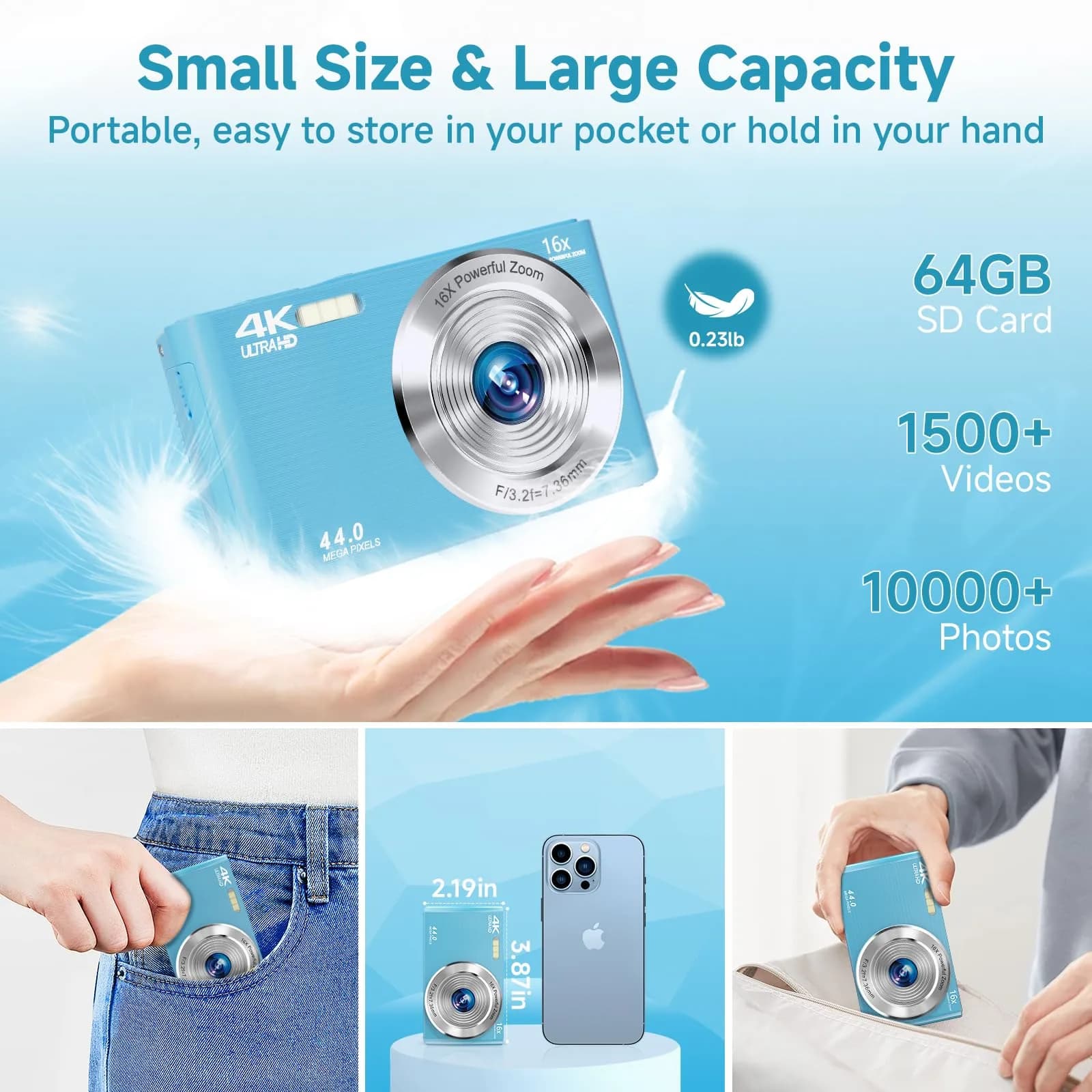 SMARTKLIK Digital Camera for Teens, FHD 4K 44MP with 64GB SD Card, 16X Digital Zoom, Compact Point Shoot Camera Blue | 44MP CMOS Sensor - view 5