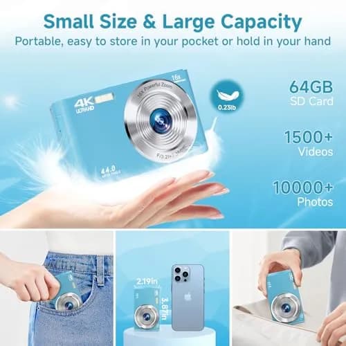SMARTKLIK Digital Camera for Teens, FHD 4K 44MP with 64GB SD Card, 16X Digital Zoom, Compact Point Shoot Camera Blue | 44MP CMOS Sensor thumbnail 5