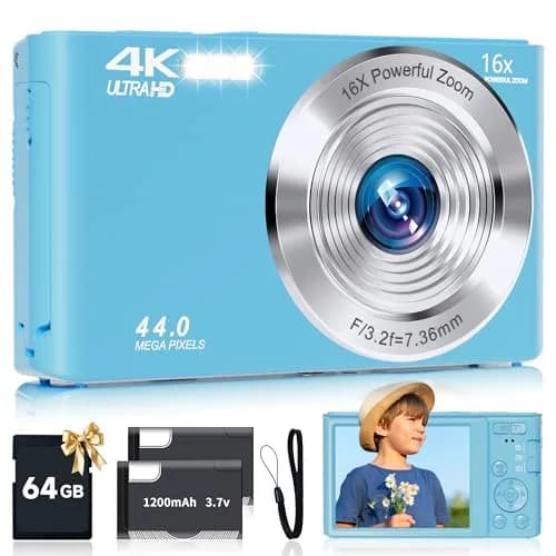 SMARTKLIK Digital Camera for Teens, FHD 4K 44MP with 64GB SD Card, 16X Digital Zoom, Compact Point Shoot Camera Blue | 44MP CMOS Sensor thumbnail 1