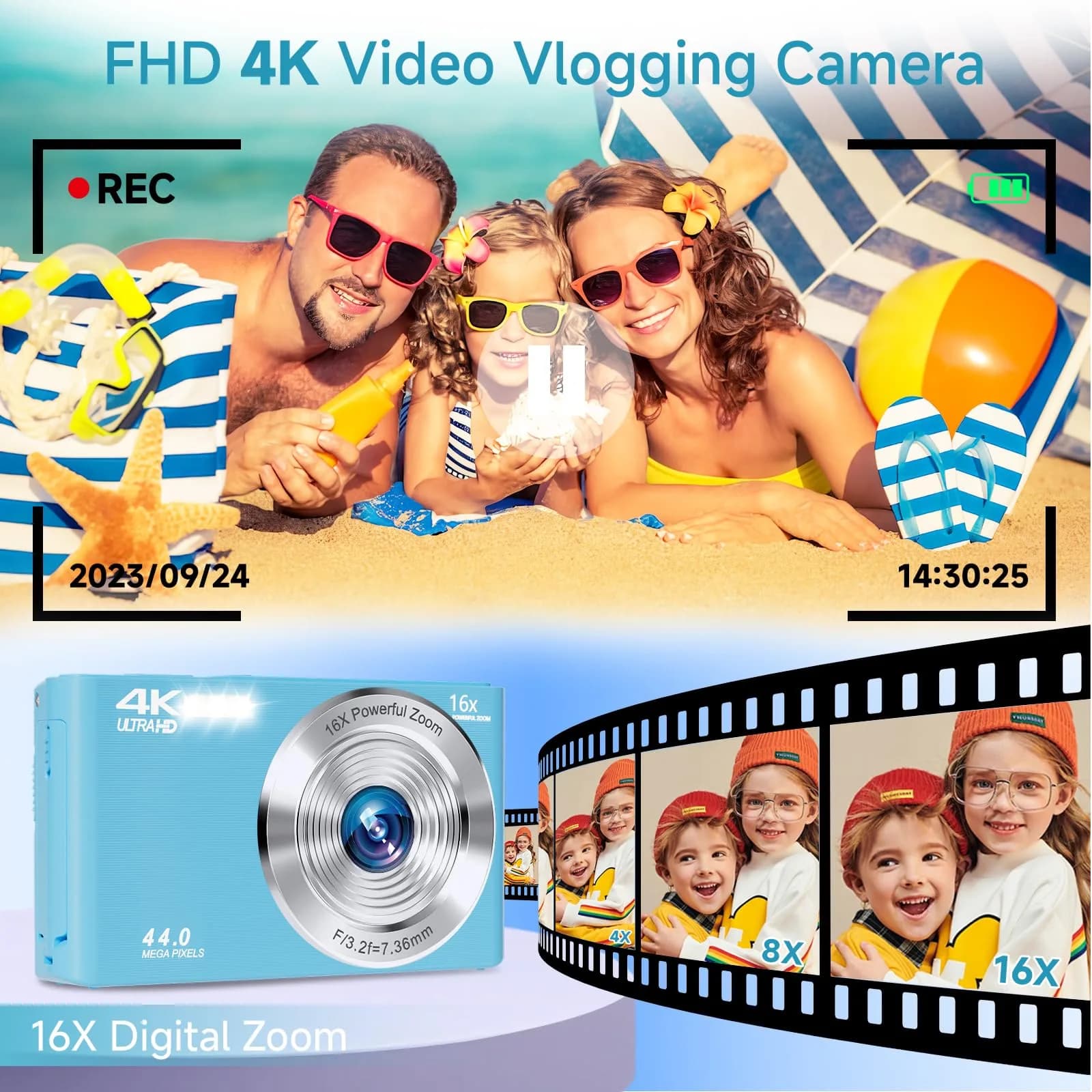 SMARTKLIK Digital Camera for Teens, FHD 4K 44MP with 64GB SD Card, 16X Digital Zoom, Compact Point Shoot Camera Blue | 44MP CMOS Sensor - view 2