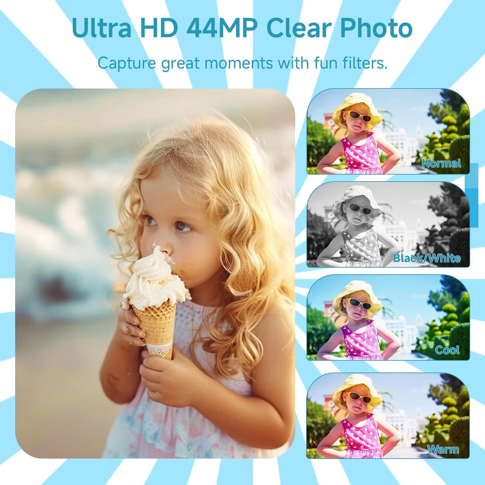 SMARTKLIK Digital Camera for Teens, FHD 4K 44MP with 64GB SD Card, 16X Digital Zoom, Compact Point Shoot Camera Blue | 44MP CMOS Sensor - view 3