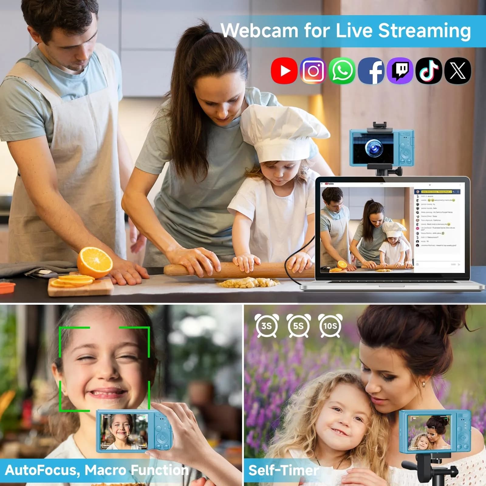 SMARTKLIK Digital Camera for Teens, FHD 4K 44MP with 64GB SD Card, 16X Digital Zoom, Compact Point Shoot Camera Blue | 44MP CMOS Sensor - view 4
