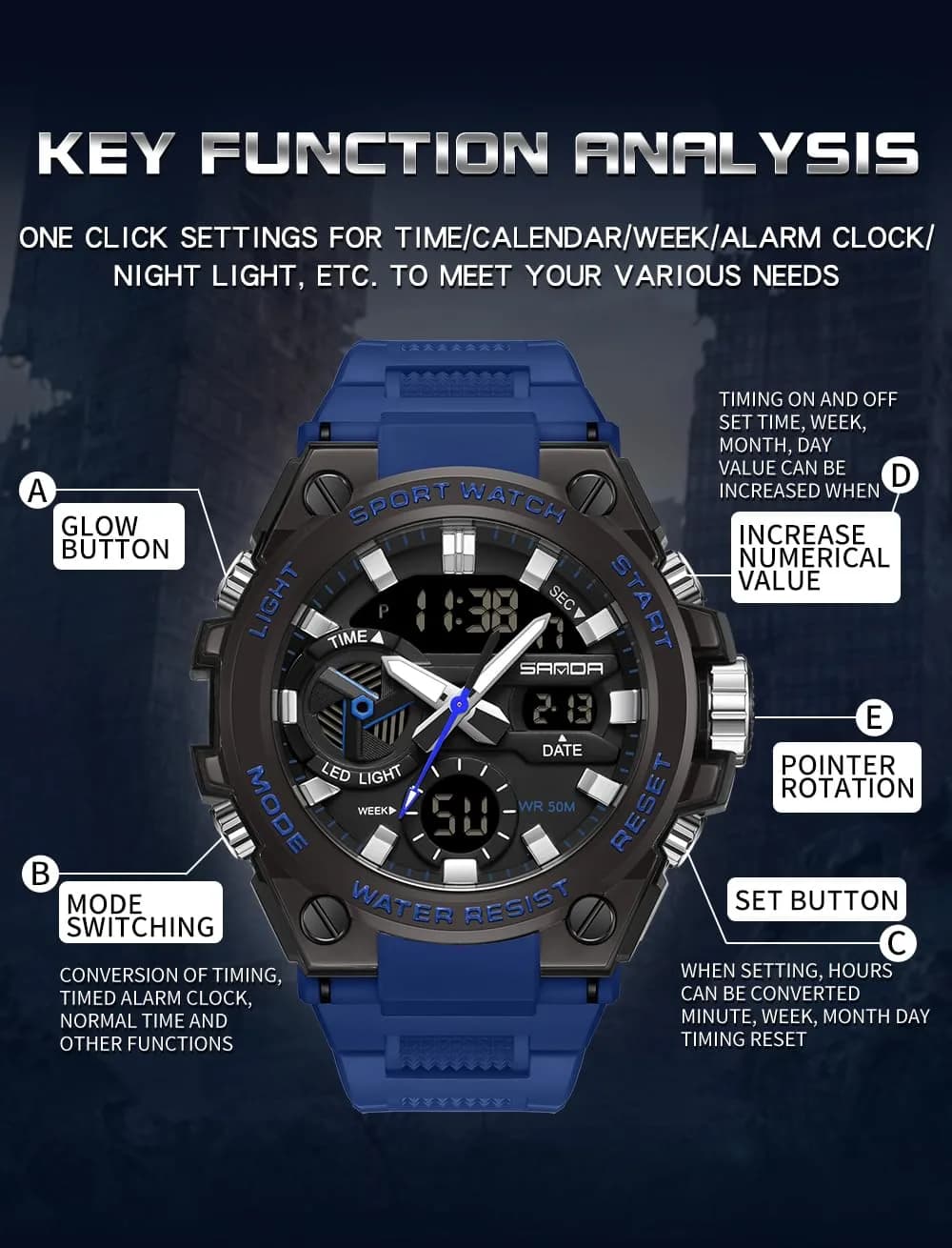 AIMES Men's 3311-Blue Sport Watch 53mm | Dual Time Zone Military Watch with LED Alarm & Stopwatch - view 4