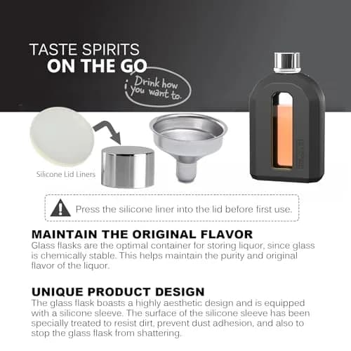 Delove Modern Glass Hip Flask with Silicone Sleeve 220ml (7.5oz) | Stylish & Portable Travel Liquor Flask thumbnail 2