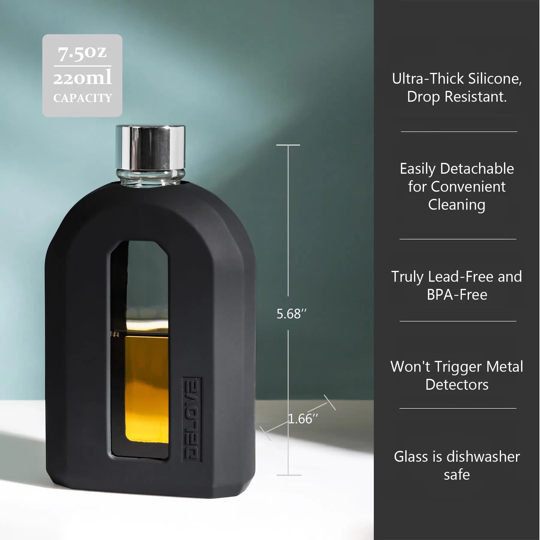 Delove Modern Glass Hip Flask with Silicone Sleeve 220ml (7.5oz) | Stylish & Portable Travel Liquor Flask - view 3