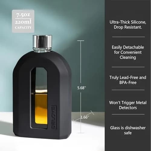 Delove Modern Glass Hip Flask with Silicone Sleeve 220ml (7.5oz) | Stylish & Portable Travel Liquor Flask thumbnail 3
