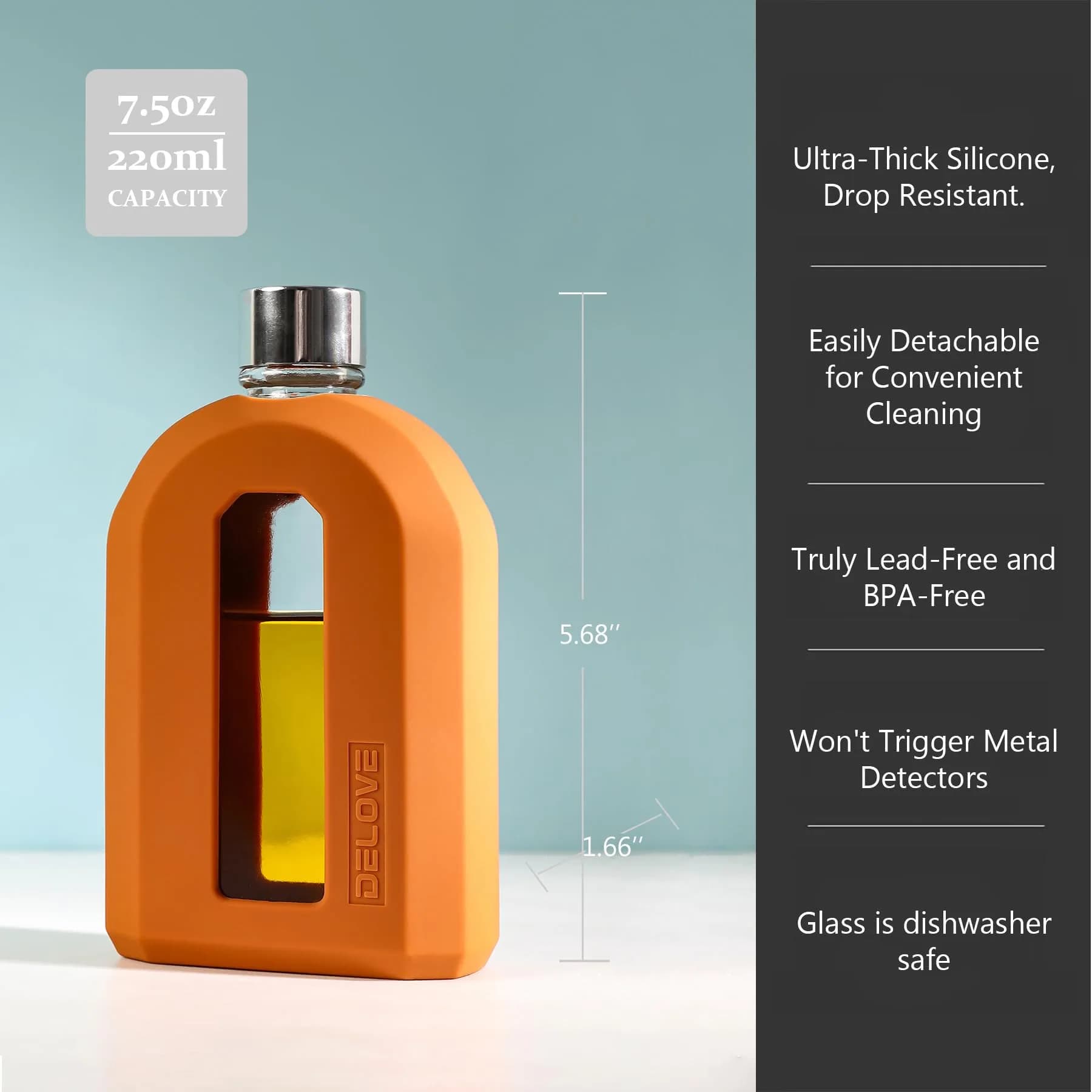 Delove Modern Glass Hip Flask with Silicone Sleeve 220ml (7.5oz) | Anti-Shock Protection for Travel - view 3
