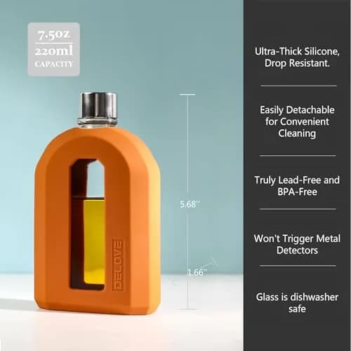 Delove Modern Glass Hip Flask with Silicone Sleeve 220ml (7.5oz) | Anti-Shock Protection for Travel thumbnail 3