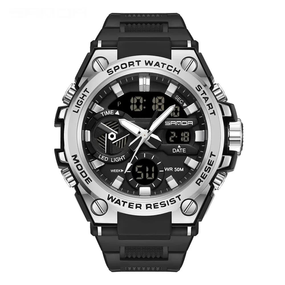 AIMES Men's 3311-Silver Sport Watch 53mm | Dual Time Zone Military Watch with LED Alarm & Stopwatch - main product image