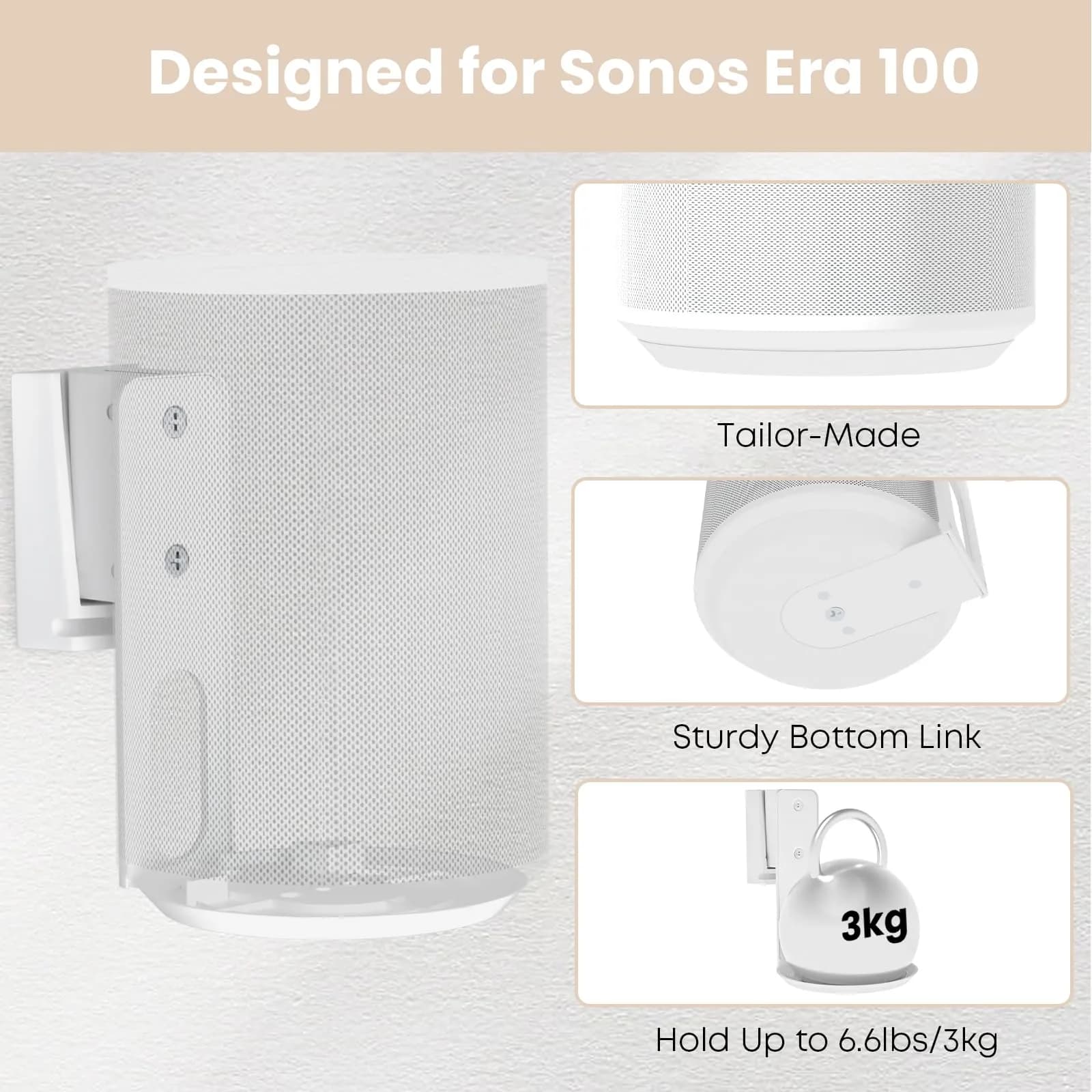 PUTORSEN Speaker Wall Mount for Sonos Era 100, Tilt & Swivel, 1 Pack, White | Mounts to Wood, Solid or Brick Walls - view 2