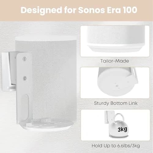 PUTORSEN Speaker Wall Mount for Sonos Era 100, Tilt & Swivel, 1 Pack, White | Mounts to Wood, Solid or Brick Walls thumbnail 2