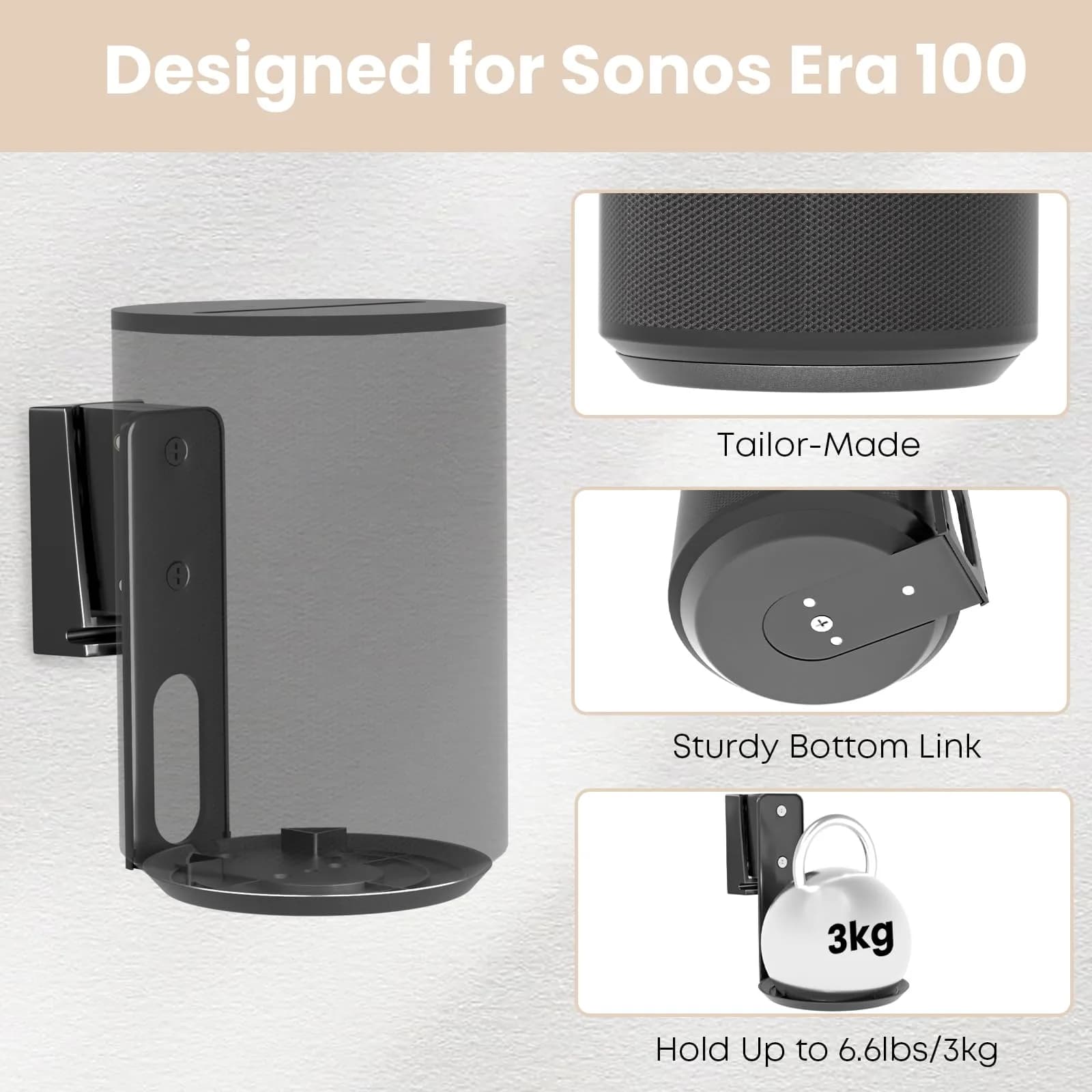 PUTORSEN Speaker Wall Mount for Sonos Era 100, Tilt & Swivel, 1 Pack Black | Metal Bracket for Better Audio - view 2