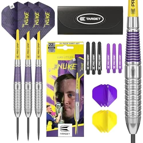 Target Darts Luke Littler Brass Steel Tip Darts Set – 22G Steel Tip Dart, The Nuke Player Edition, Dart Flights, Shafts & Dart Case Included thumbnail 1