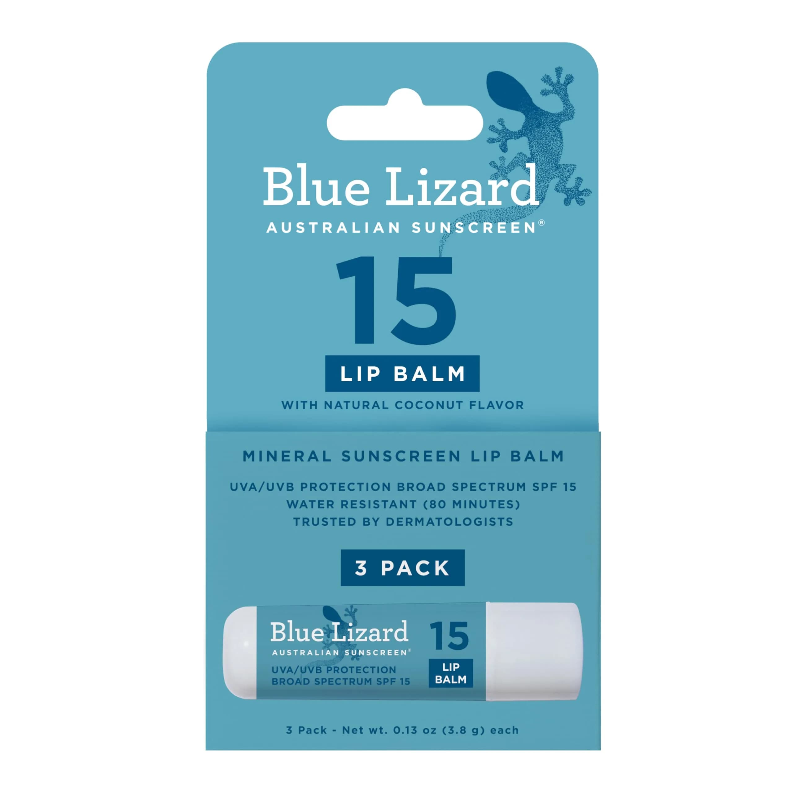 BLUE LIZARD Mineral SPF 15 Lip Balm 3-Pack | Broad Spectrum Sun Protection, Natural Coconut Flavor, 8 Natural Oils