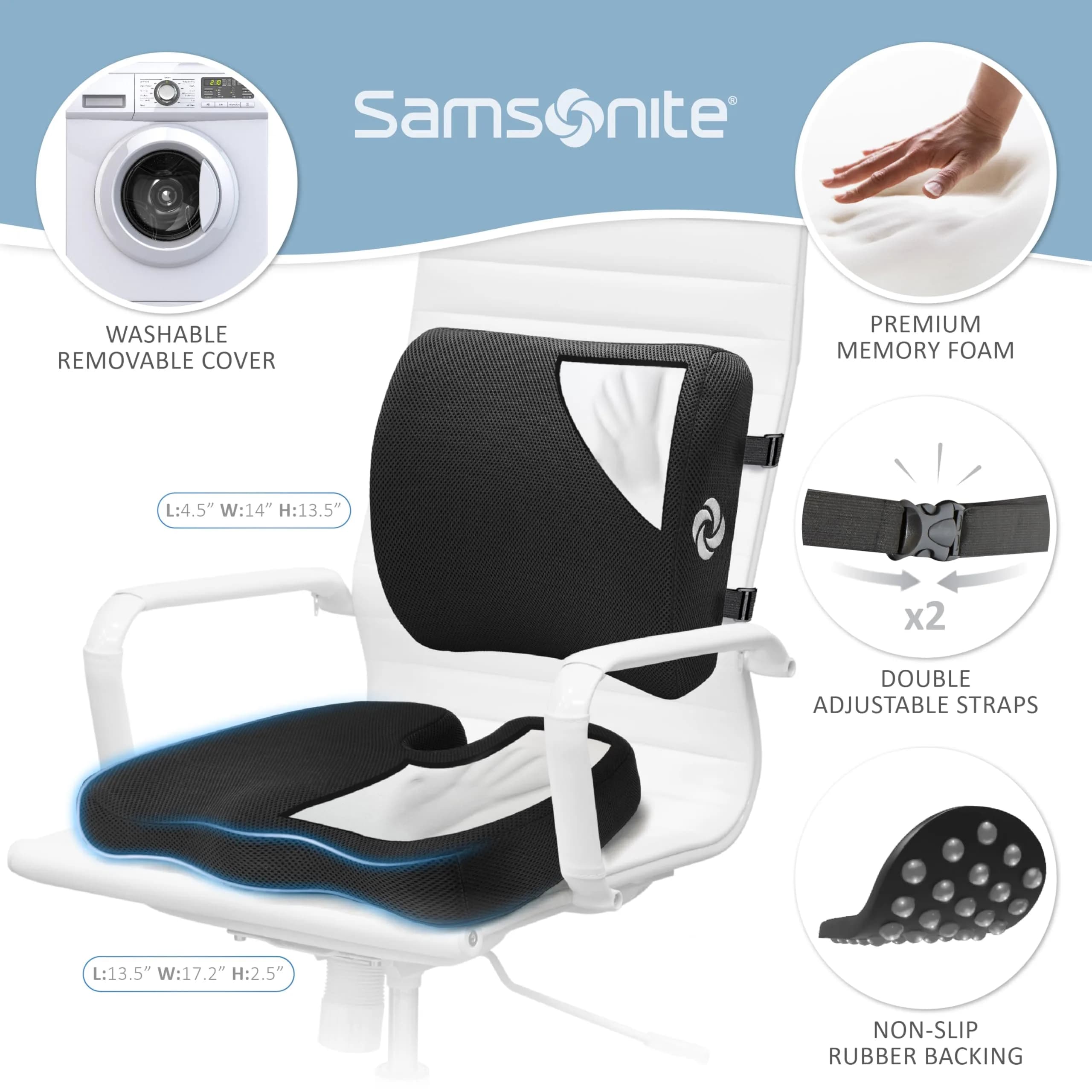 Samsonite Ergonomic Seat Cushion and Lumbar Support Combo, Memory Foam, Black/Black, 2-Piece Set | Premium Comfort & Posture Support - view 5