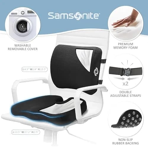 Samsonite Ergonomic Seat Cushion and Lumbar Support Combo, Memory Foam, Black/Black, 2-Piece Set | Premium Comfort & Posture Support thumbnail 5