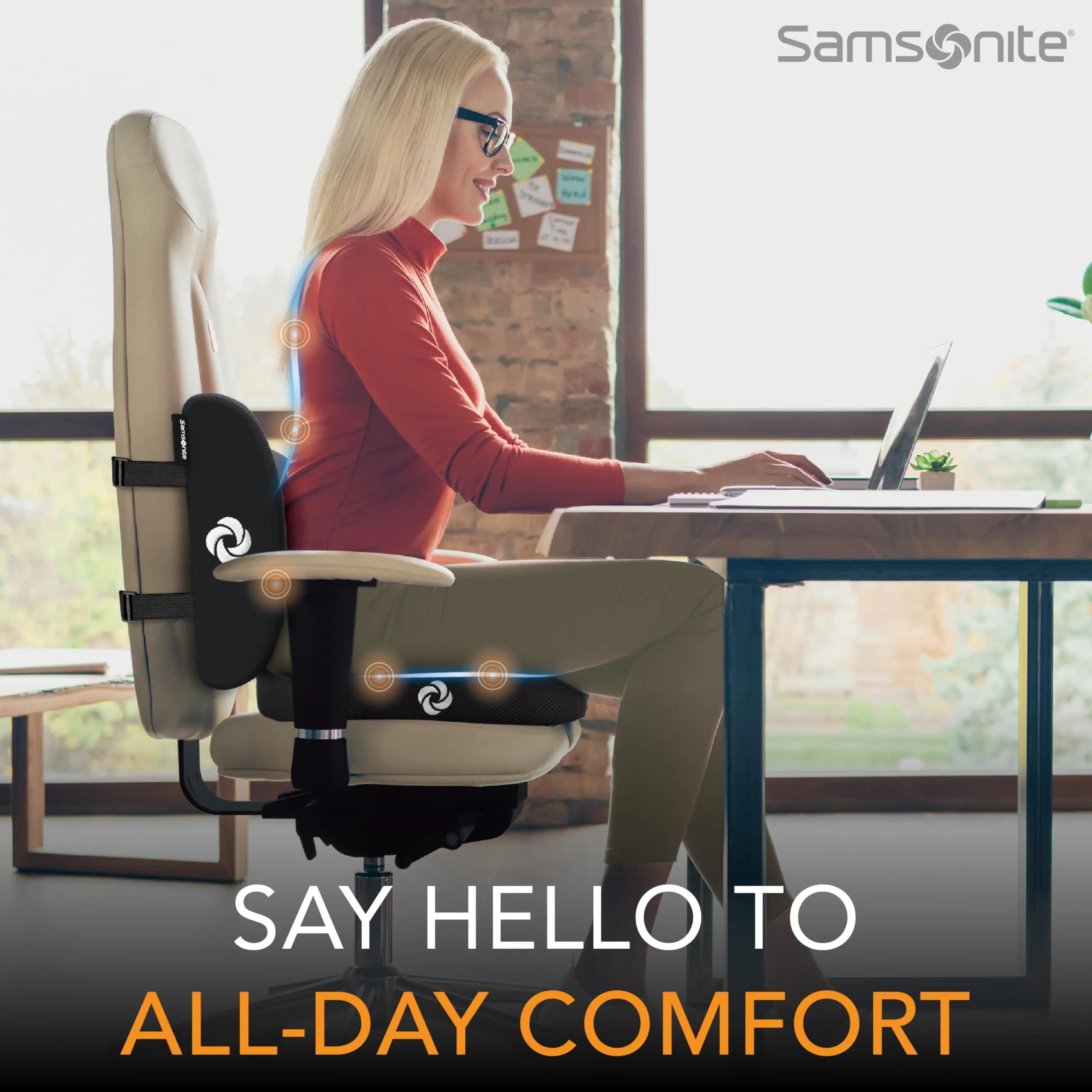 Samsonite Ergonomic Seat Cushion and Lumbar Support Combo, Memory Foam, Black/Black, 2-Piece Set | Premium Comfort & Posture Support - view 2