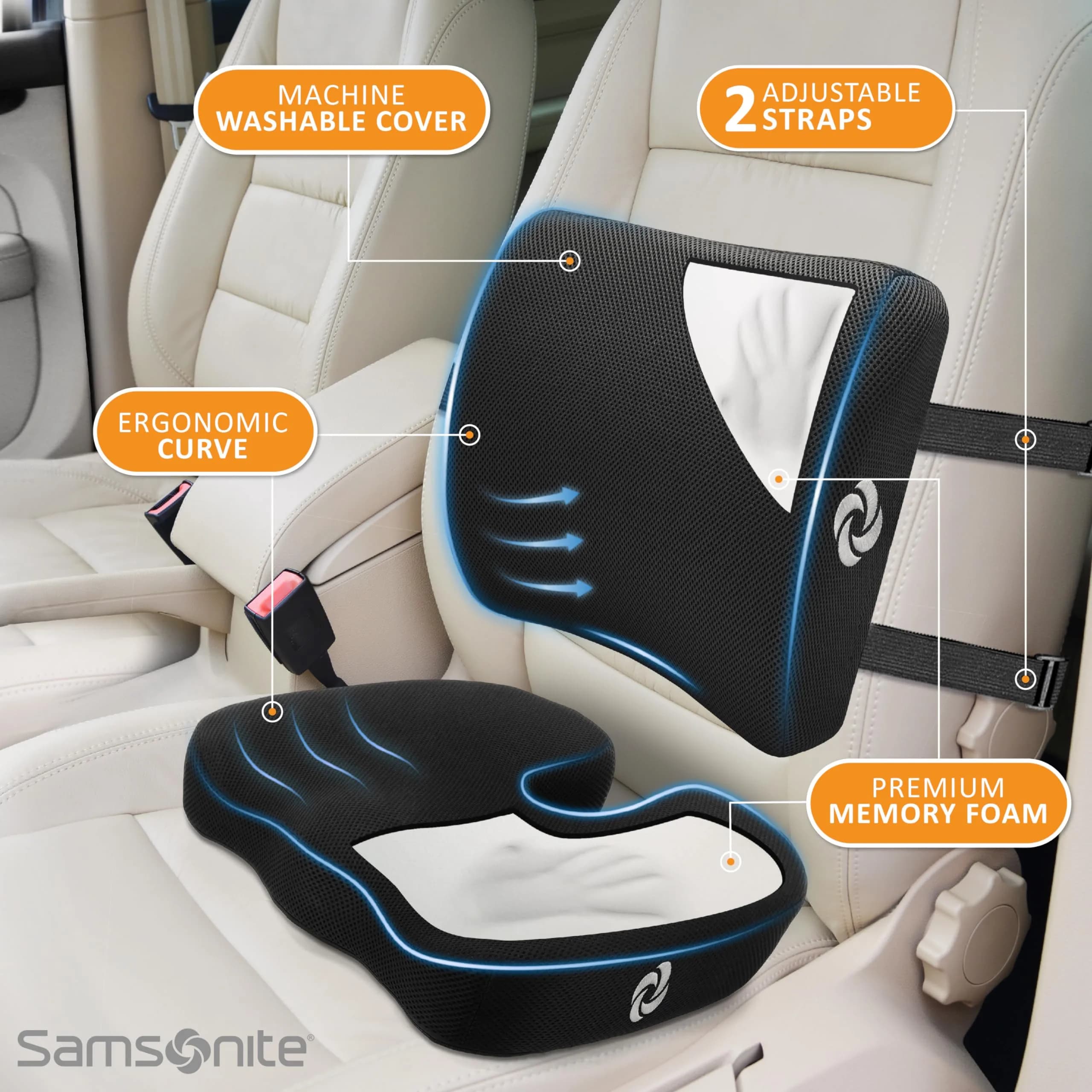 Samsonite Ergonomic Seat Cushion and Lumbar Support Combo, Memory Foam, Black/Black, 2-Piece Set | Premium Comfort & Posture Support - view 3