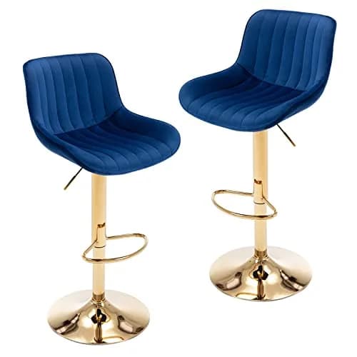 Kiztir Velvet Bar Stools Set of 2 | Adjustable Counter Height Swivel with Footrest (Blue) thumbnail 1