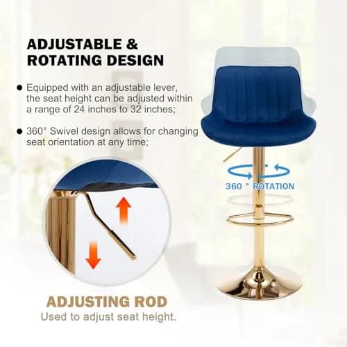 Kiztir Velvet Bar Stools Set of 2 | Adjustable Counter Height Swivel with Footrest (Blue) thumbnail 5