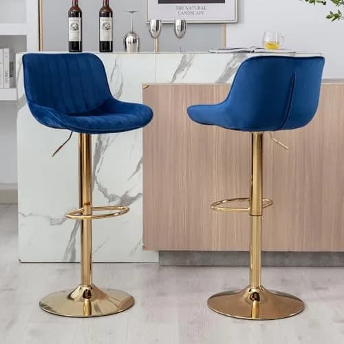 Kiztir Velvet Bar Stools Set of 2 | Adjustable Counter Height Swivel with Footrest (Blue) thumbnail 8