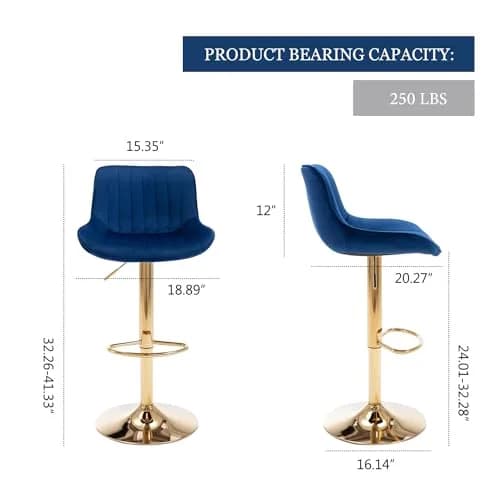 Kiztir Velvet Bar Stools Set of 2 | Adjustable Counter Height Swivel with Footrest (Blue) thumbnail 2